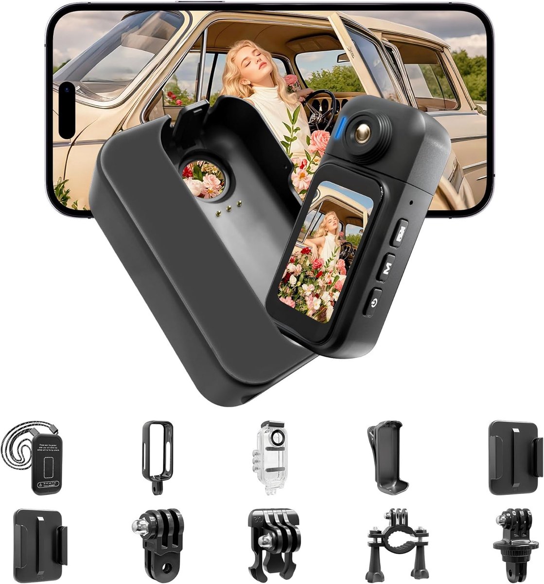 SnelShoppen - Mini Action Cam 1080p, Waterdichte Body Cam tot 30m, 180° Lens, 1,47 inch Aanraakbaar Display, Vlog Camera voor Fietsen, Reizen en Outdo