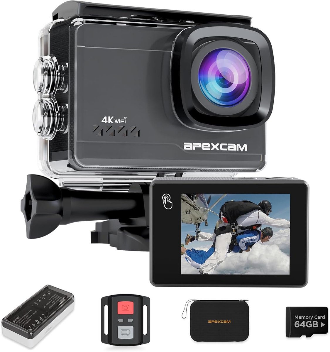 SnelShoppen - 4K Action Camera met 64G Kaart, 64MP, WLAN, EIS Beeldstabilisatie, Touchscreen, Onderwatercamera tot 40m, 2x1350mAh Batterij en Toebehor