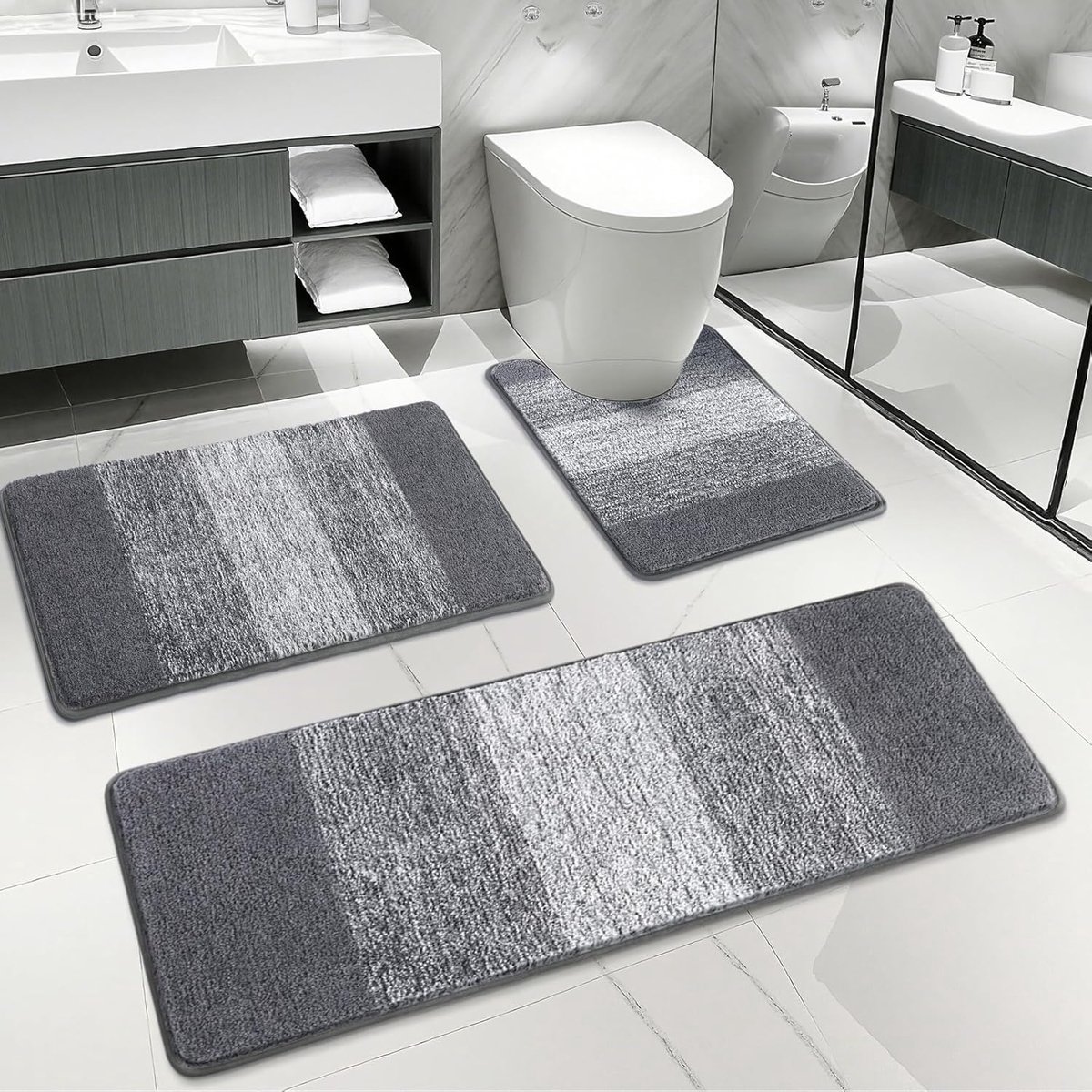SnelShoppen - 3-delig Badkamertapijt Set, Zachte Dikke Microvezel Badmat en WC-Tapijt, Grijs, Antislip, Wasbaar, Super Absorberend, Sneldrogend, Badga
