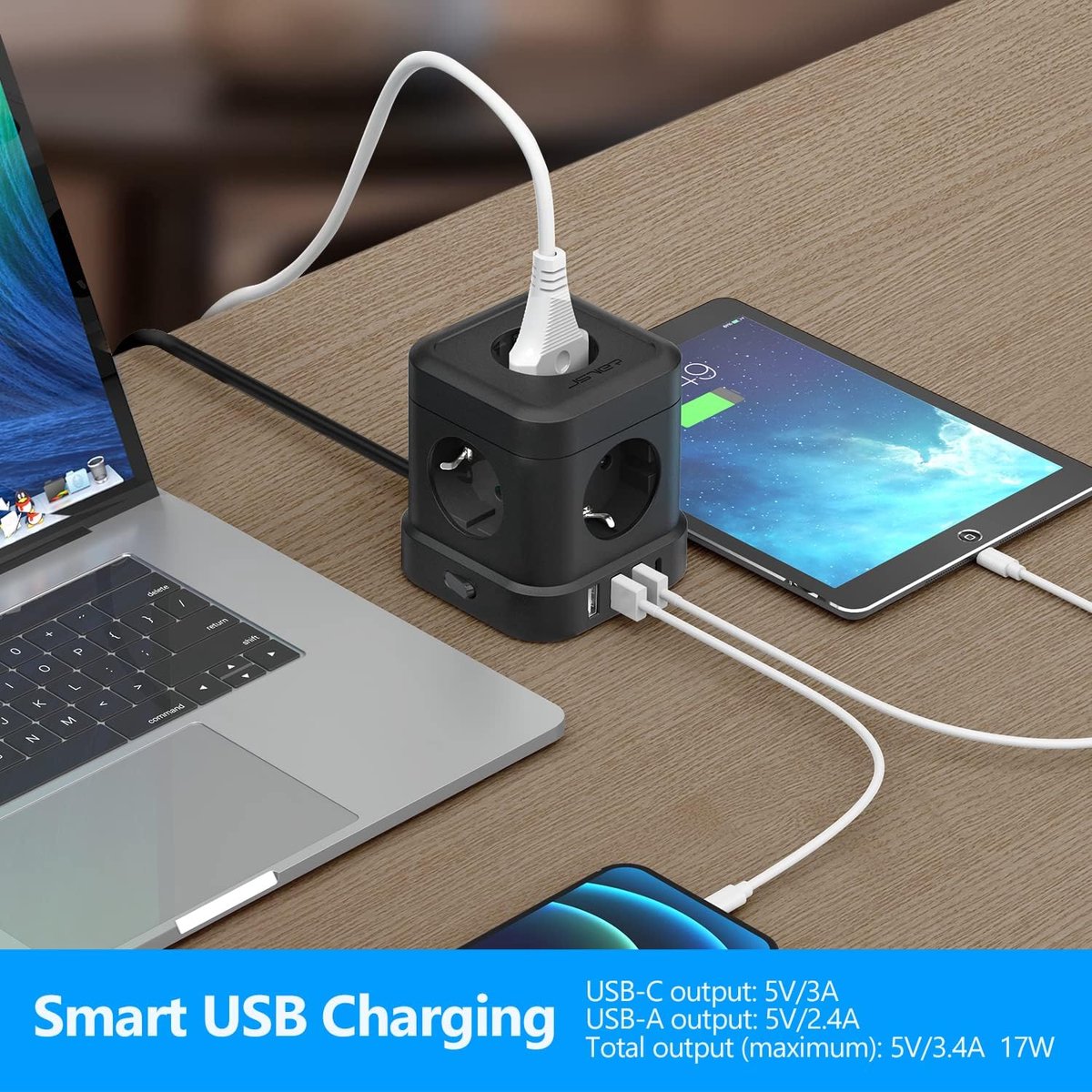 Thijox - Stekkerdoos Kubus met 5 Voudige Contactdoos en 4 USB Poorten (17W) - USB C Meervoudige Stekkerdoos met Schakelaar - 2 Meter Kabel - Zwart - V
