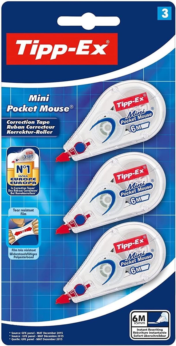 Thijox - Tipp-Ex Mini Pocket Mouse Correctieroller 6m x 5mm - 3 Stuks - Wit - Perfect voor Thuis, Op School en Kantoor - Handzaam en Herbruikbaar