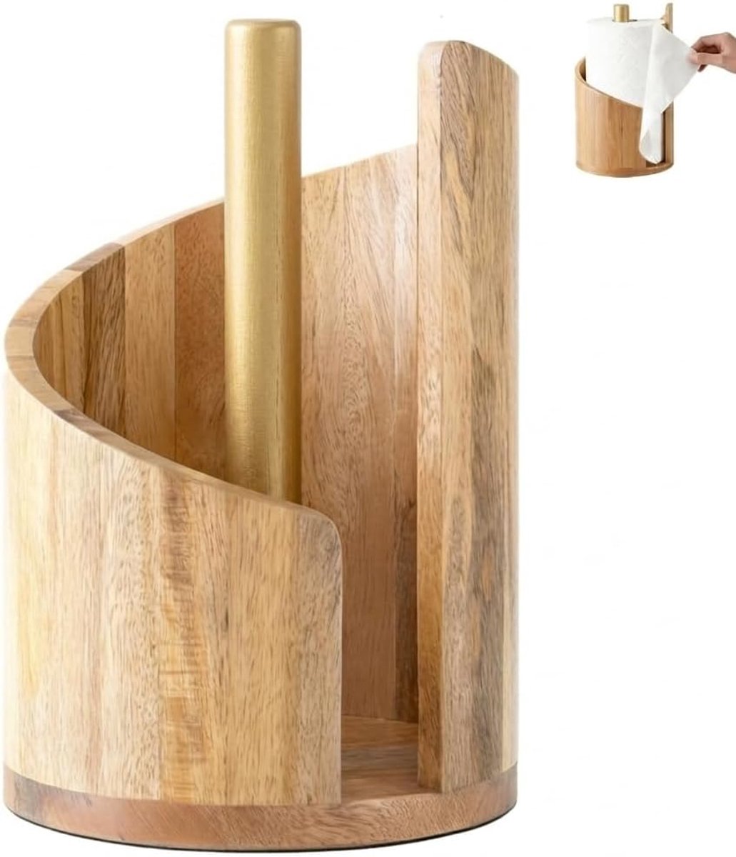 SnelShoppen - Papierrollenhouder Houten Staand, 15 cm Rollenhouder met Gouden Stang, Voor Rollen tot 9 cm Doorsnede, Compacte Toilettenpapierhouder vo