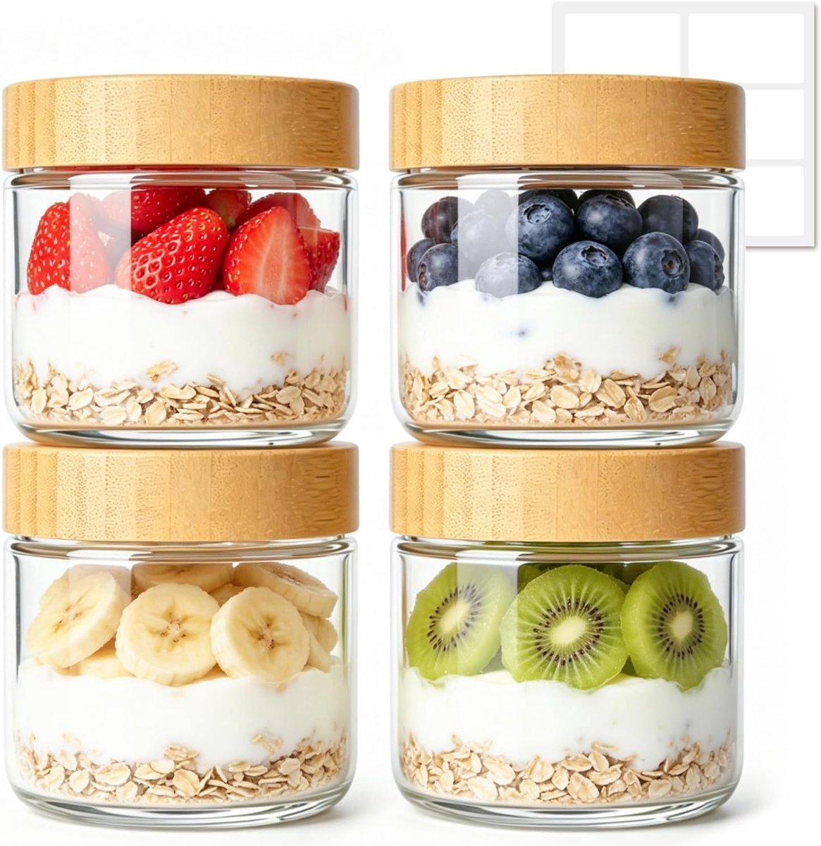 SnelShoppen - Yoghurtbeker 4 Stuks, Mueslibeker van Glas 300 ml met Bamboe Deksel, Ideaal voor Ontbijt, Muesli, Yoghurt en Havermout voor Werk, School