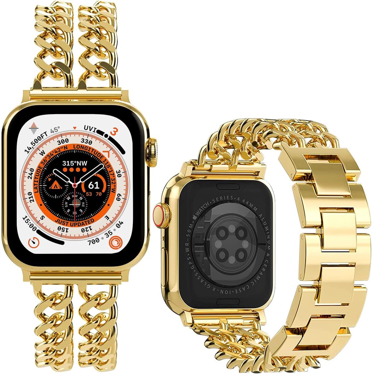 SnelShoppen - Metalen Band voor Apple Watch Ultra 2/Series 9 - Verstelbare Zinklegering Ketting - Horlogeband 38/40/41/42/44/45/49 mm - Goudkleurig -