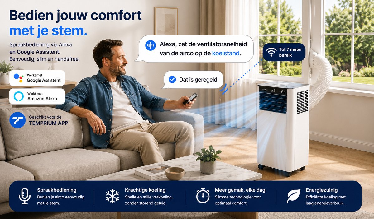 Temprium mobiele airco 7000 BTU SMART - Met afvoerslang - Draagbare Airco met App Bediening – 3 in 1 Koelen, Ventileren & Ontvochtigen – Airco Voor Slaapkamer en Woonkamer – Inclusief Raamkit — afbeelding 9