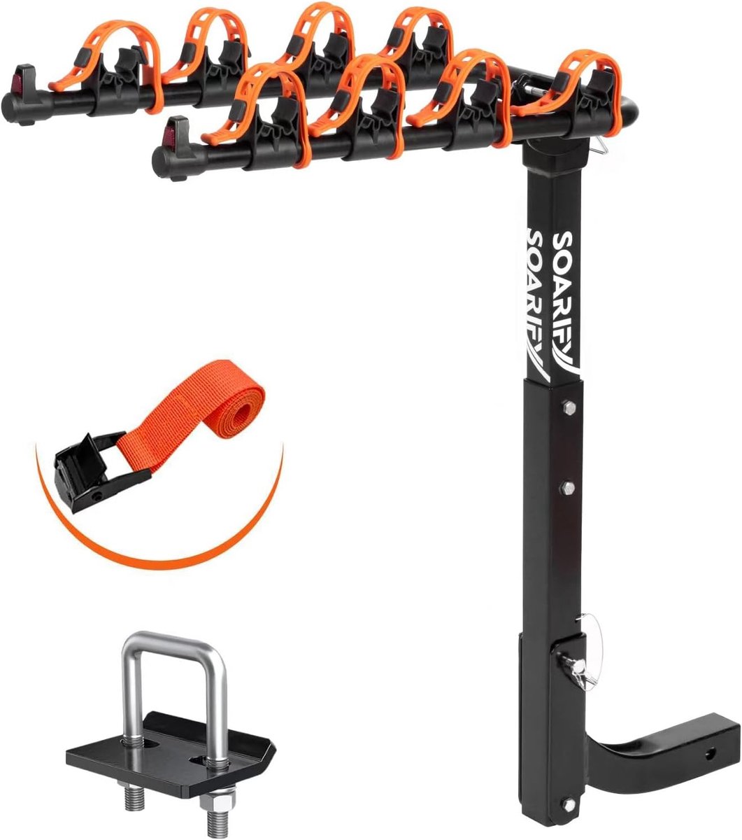 SnelShoppen - Fietsenrek voor Auto, SUV, Camper met Trekhaak, 4 Fietsen, Tot 150 lbs Belasting, Rubberen Banden, Kantelontgrendeling, 2 Inch Trekhaak