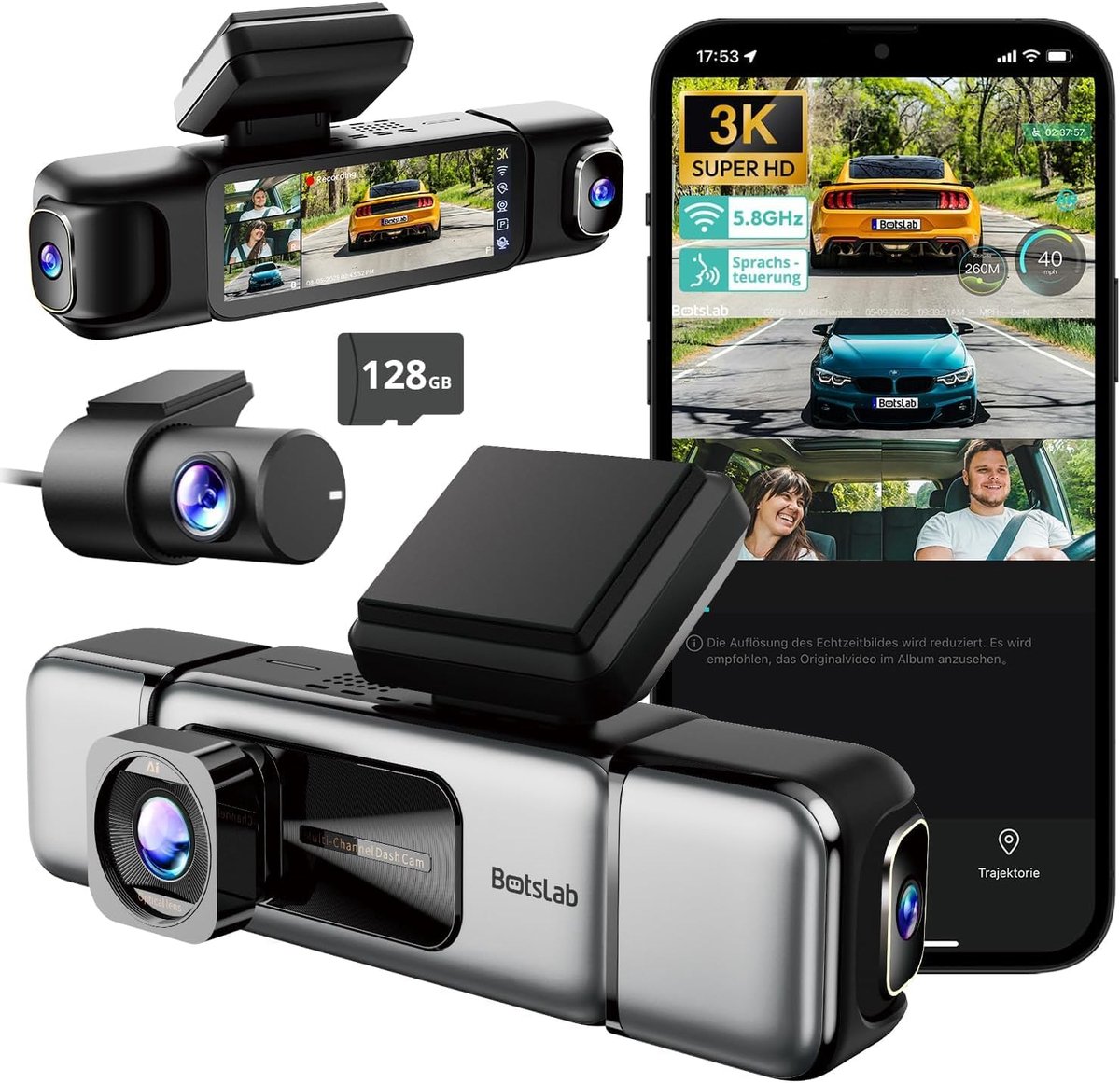SnelShoppen - 4-Kanaals Dashcam Auto Voor en Achter met 3K + 3 * 1080P, Inclusief 128 GB SD-Kaart, GPS, 5 GHz Wi-Fi, 3.18 Inch IPS-Scherm, WDR, G-Sens
