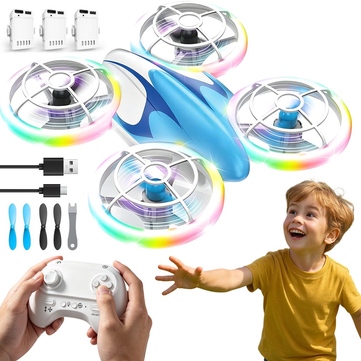 Mini Drone met Verlichting - Drone voor kinderen - veilige propellerkap - 1 druk opstijgen/landen - 2 snelheden - 360° flips - Vliegtuig Speelgoed - voor kinderen en beginners