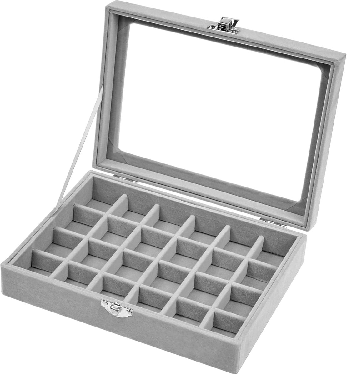 SnelShoppen - 24 Compartiments Sieradenbox, Velvet Sieradenopberger met Glasdeksel, Voor Ringen, Oorbellen, Kettingen en Armbanden (Grijs)