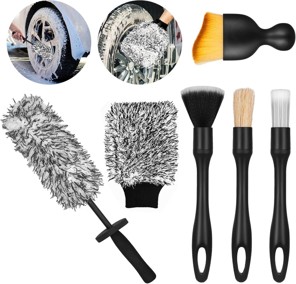 SnelShoppen - Car Microfibre Rim Brush Set - Extra Dun, Auto Detail Borstel Set, Aluminium Velgen, Auto Reinigingskit, 6 Delig, Voor Binnen en Buiten