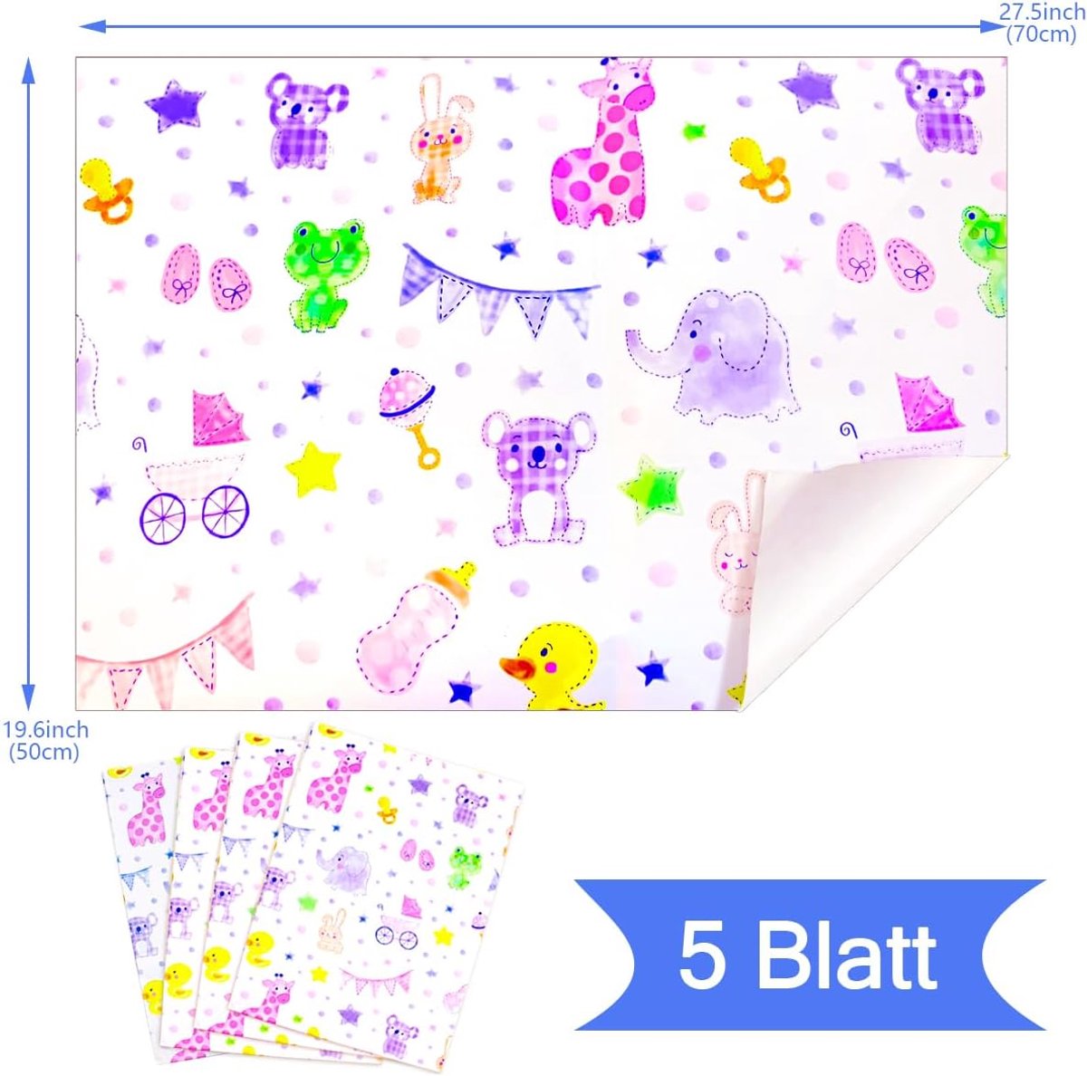 SnelShoppen - MoguGo Baby Wikkelpapier 5 Vellen 50x70 cm, Schattige Dierenpatronen, Verjaardagscadeau Inpakken, Baby Shower, Doop en Cadeaupapier voor