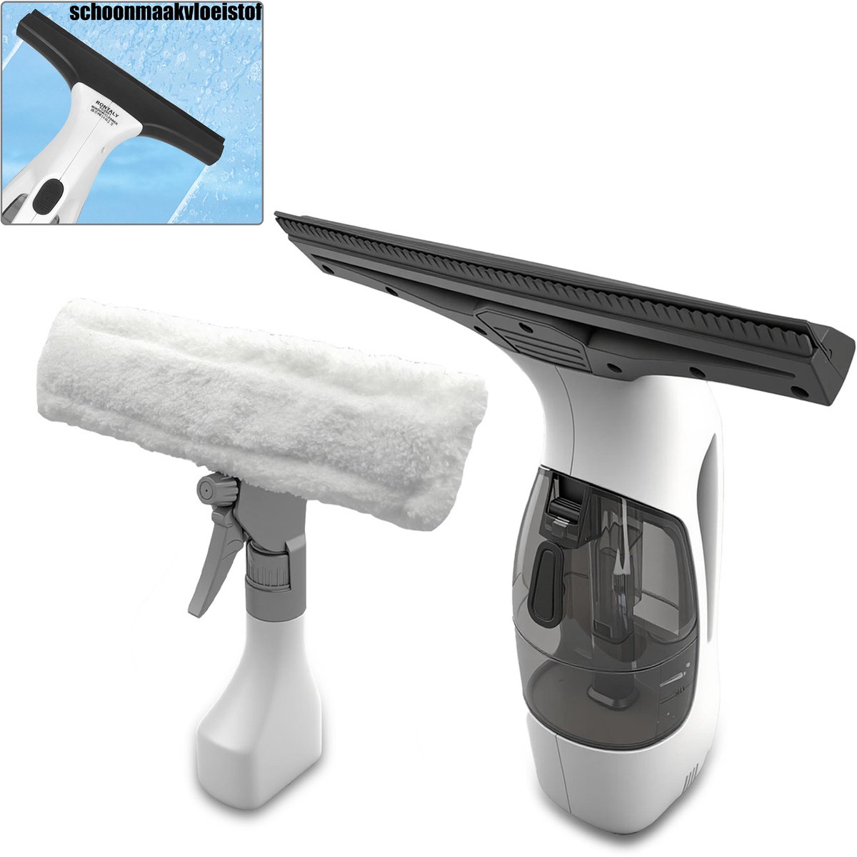Oplaadbare elektrische ramenzuiger complete set, USB‑oplaadbaar inclusief sproeifles en rubberen schraapblad, streepvrij resultaat voor ramen en spiegels