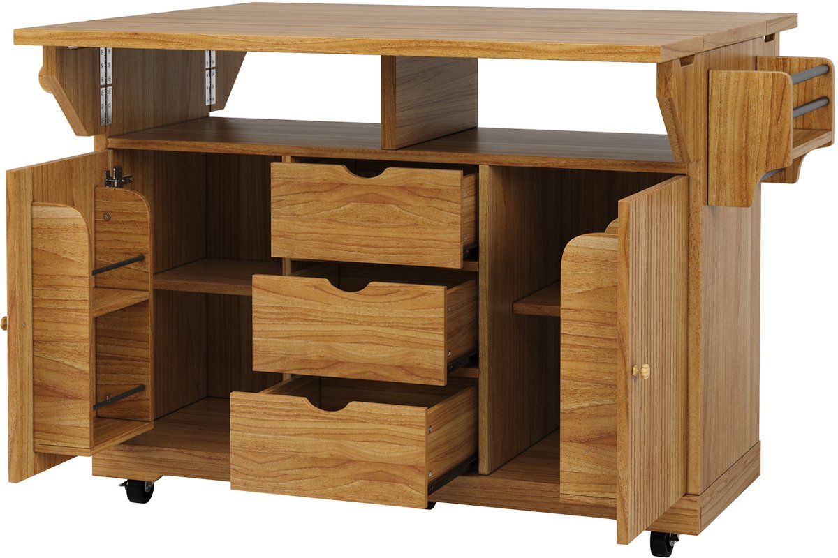 MEUNIQ keukeneiland op wielen 142,5 x 80 x 95 cm met uitklapbare zijbladen, 3 lades, opbergruimte en rembare wielen, keukenwagen voor keuken, eetkamer of terras, bruin