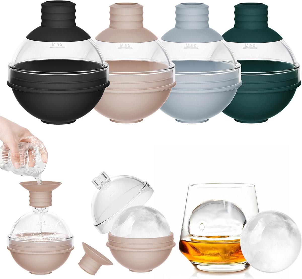 SnelShoppen - Grote IJsblokjes Mallen met Trechterdeksel - Reusable Silicone Rond IJs Mallen voor Whisky, Cocktails, Wijn en Dranken (Set van 4) - Ide