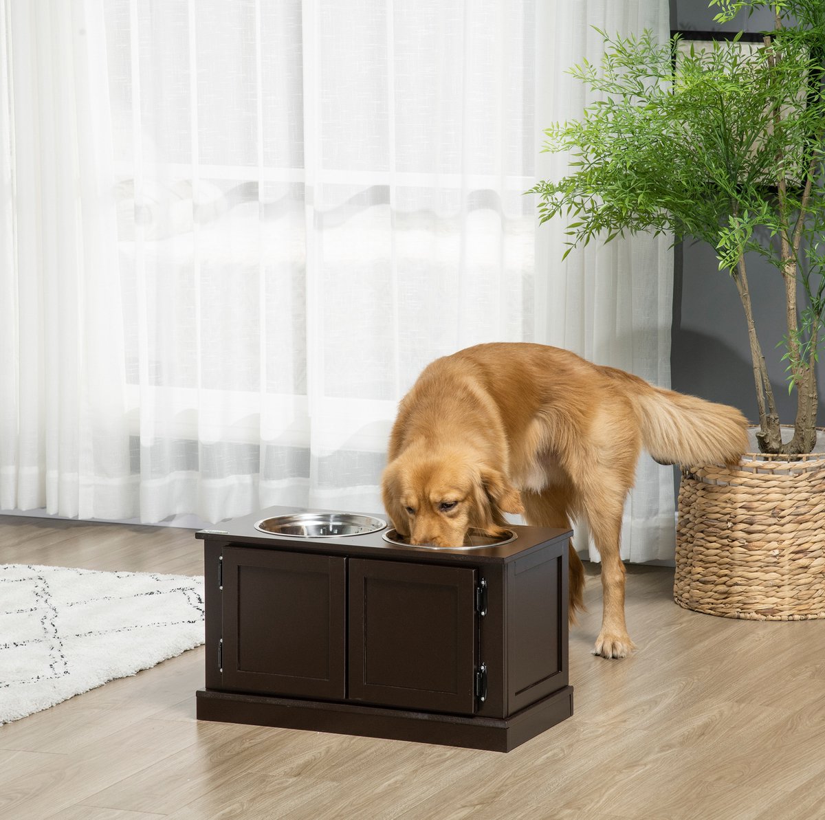 MODENUIT Voerbak – Verhoogde Dubbele Voerbak – 60 x 30 x 34 cm – MDF en Metaal – Koffie – Met Opbergruimte