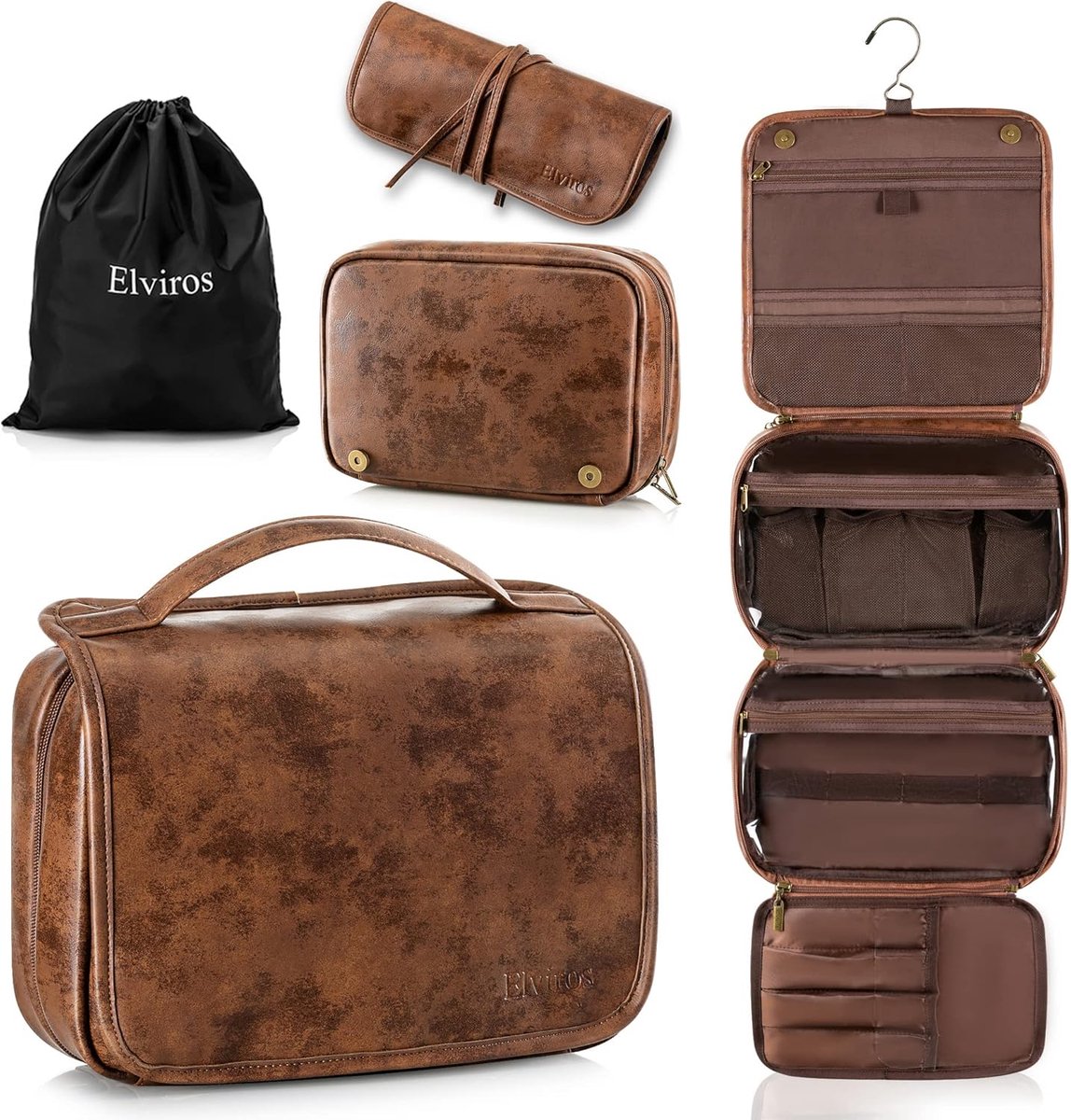 SnelShoppen - Toilettas voor Mannen en Vrouwen - Grote Waterdichte PU Leren Toiletry Bag met Haak - 3-in-1 Afneembaar Ontwerp - Donkerbruin voor Reize
