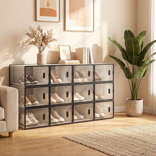 Wishdor Stapelbare schoenopbergbox - Transparant zwart - Modulair - Met voorklep - 12 stuks - Kunststof - 50 x 35,5 x 111,5 cm — afbeelding 4