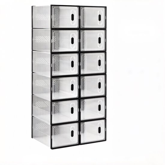 Wishdor Stapelbare schoenopbergbox - Transparant zwart - Modulair - Met voorklep - 12 stuks - Kunststof - 50 x 35,5 x 111,5 cm — afbeelding 3