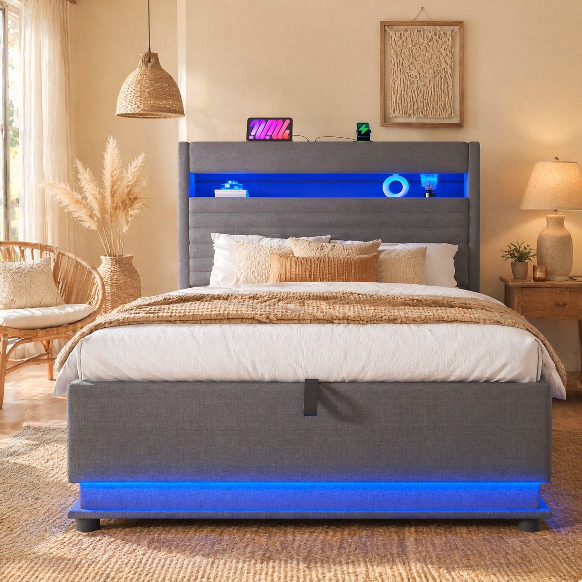 COVREO Bed 90x200 cm grijs linnen, met opbergruimte, LED en USB-C