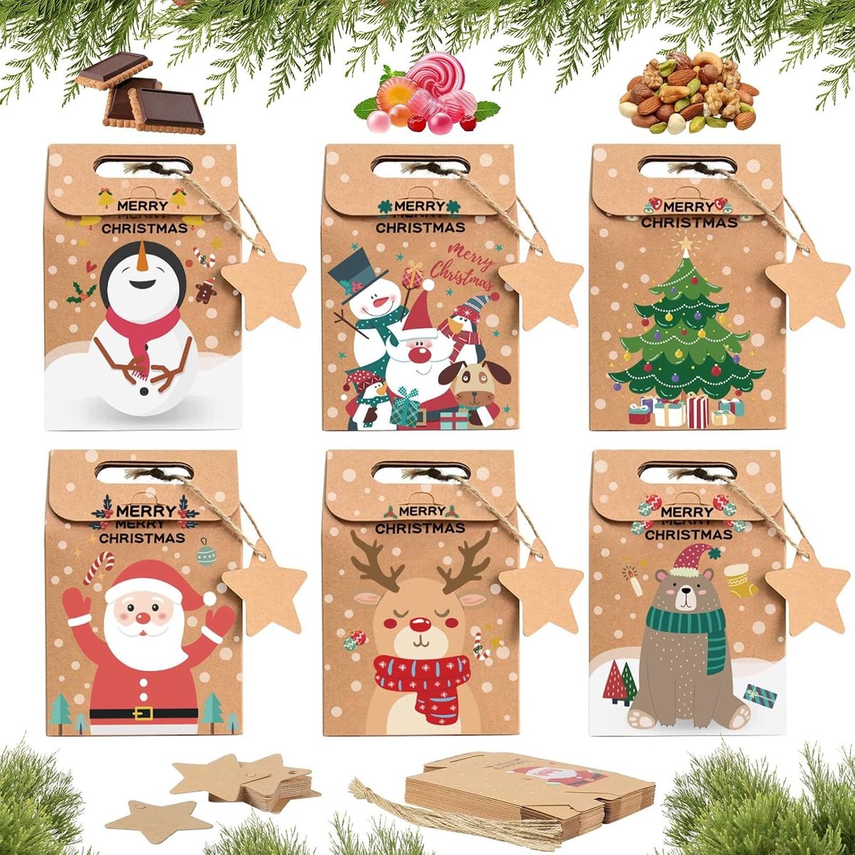 24 Kerst Cadeautasjes, Kleine Kersttassen, Sterlabel Papieren Adventskalender Tassen met Jute Touw voor Snoep, Koekjes en Cadeaus