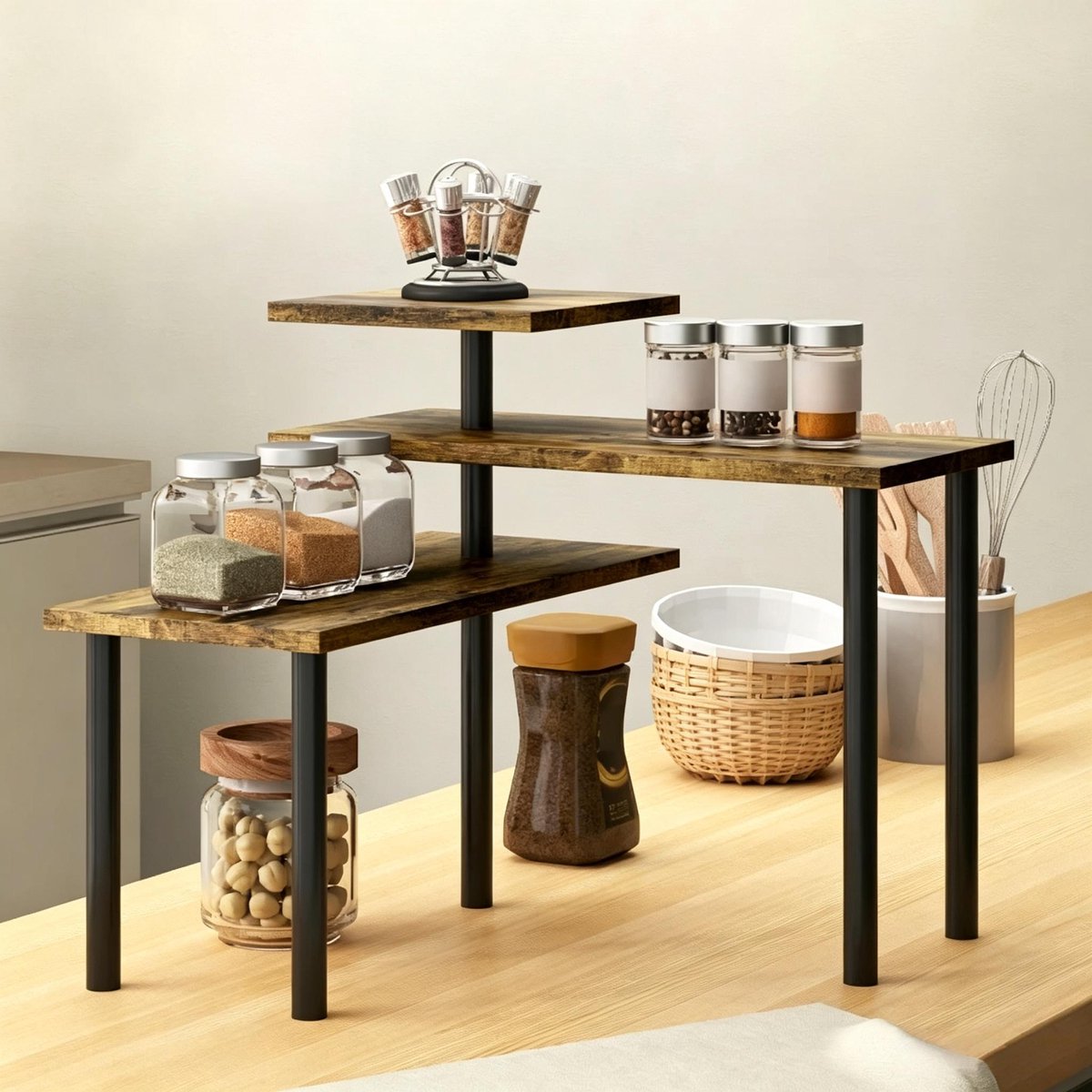 MIVRAY Etagère – Draaibaar 3-Laags Tafelrek – 40 x 18 x 36,5 cm – Metaal en Spaanplaat – Zwart en Bruin – Voor Keukenhoek