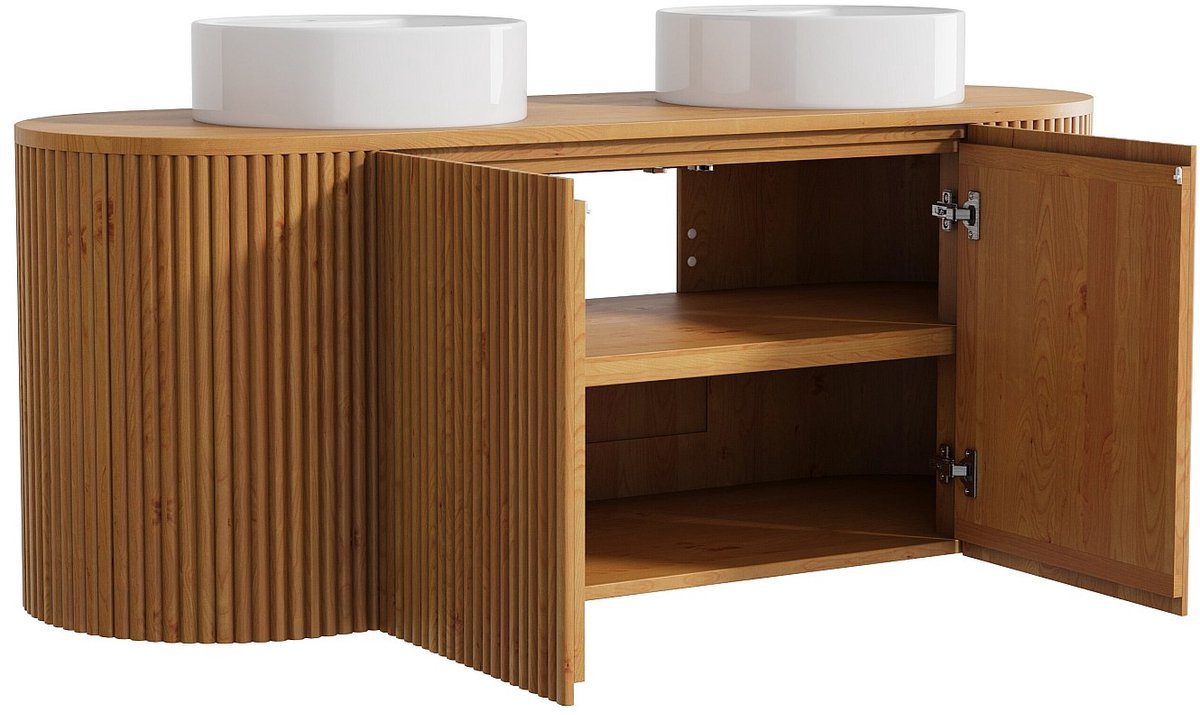 Vente-unique Zwevend badkamermeubel in teak met dubbele ronde opbouwwastafel - Natuurlijk licht - 150 cm - TOWARI