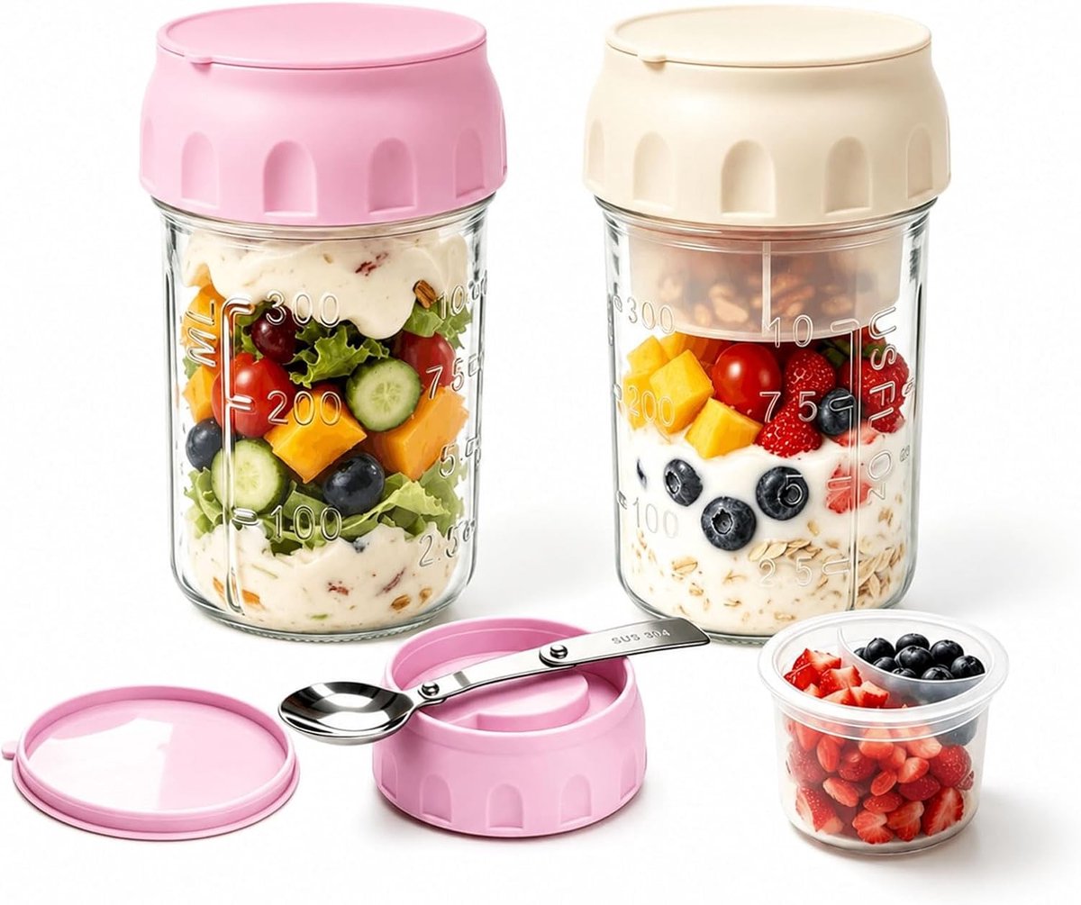 Set van 2 Lekvrije Maaltijd Prep Glazen met Deksel en Lepel, Perfect voor Overnight Oats, Chia Pudding en Yogurt met Fruit en Noten Divider