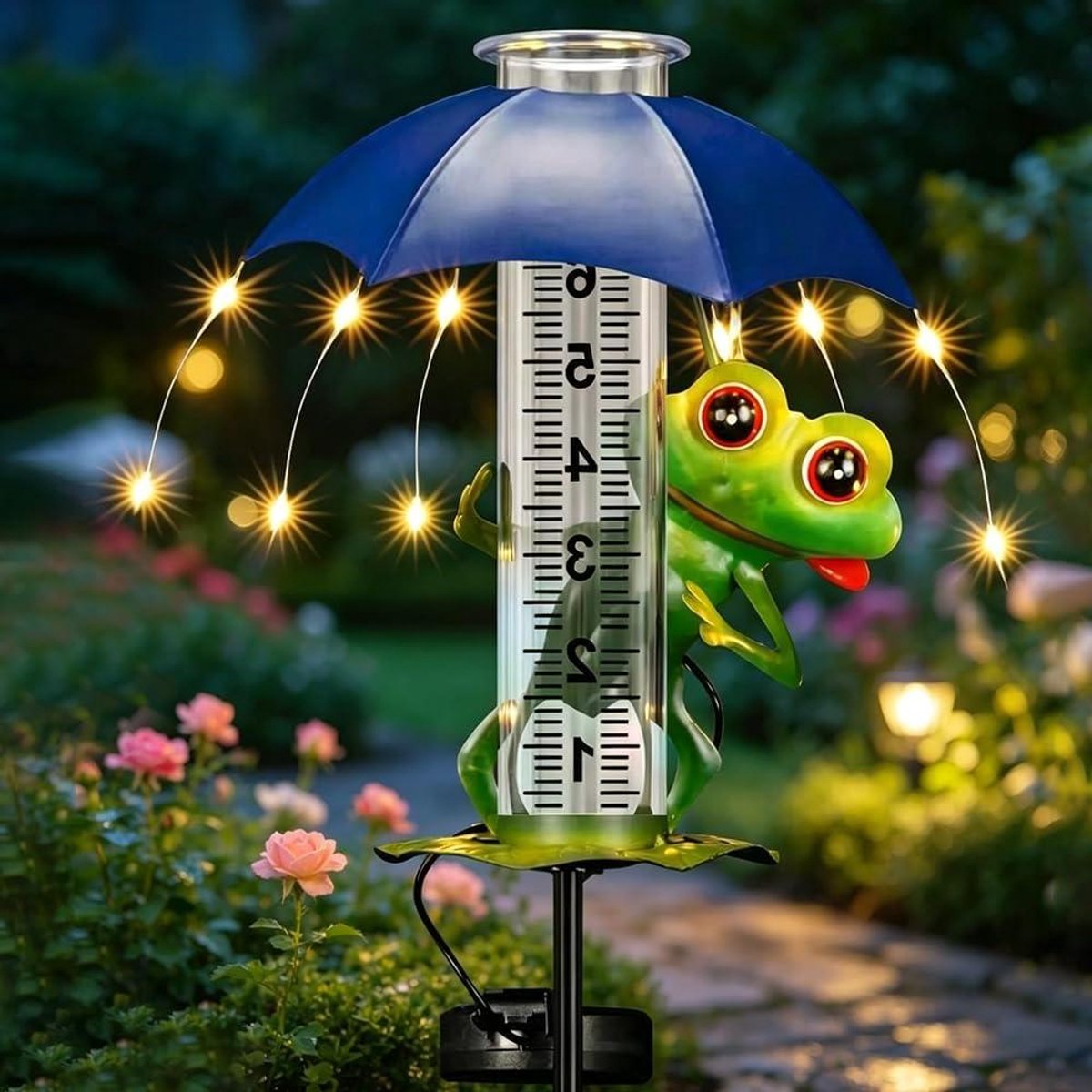 Regenmeter Kikker - Neerslagmeter Tuin - Tuinonderhoud Meten - Zonne-energie Verlichting - 23 x 15 x 6 cm - Groen