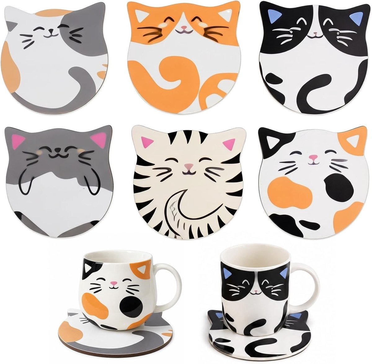 6 Stuks Schattige Onderzetters met Kattenmotief, Antislip en Wasbare Kurkonderzetters voor Wijn, Glas, Thee en Koffie, Perfecte Keukendecoratie en Cadeau Ideeën