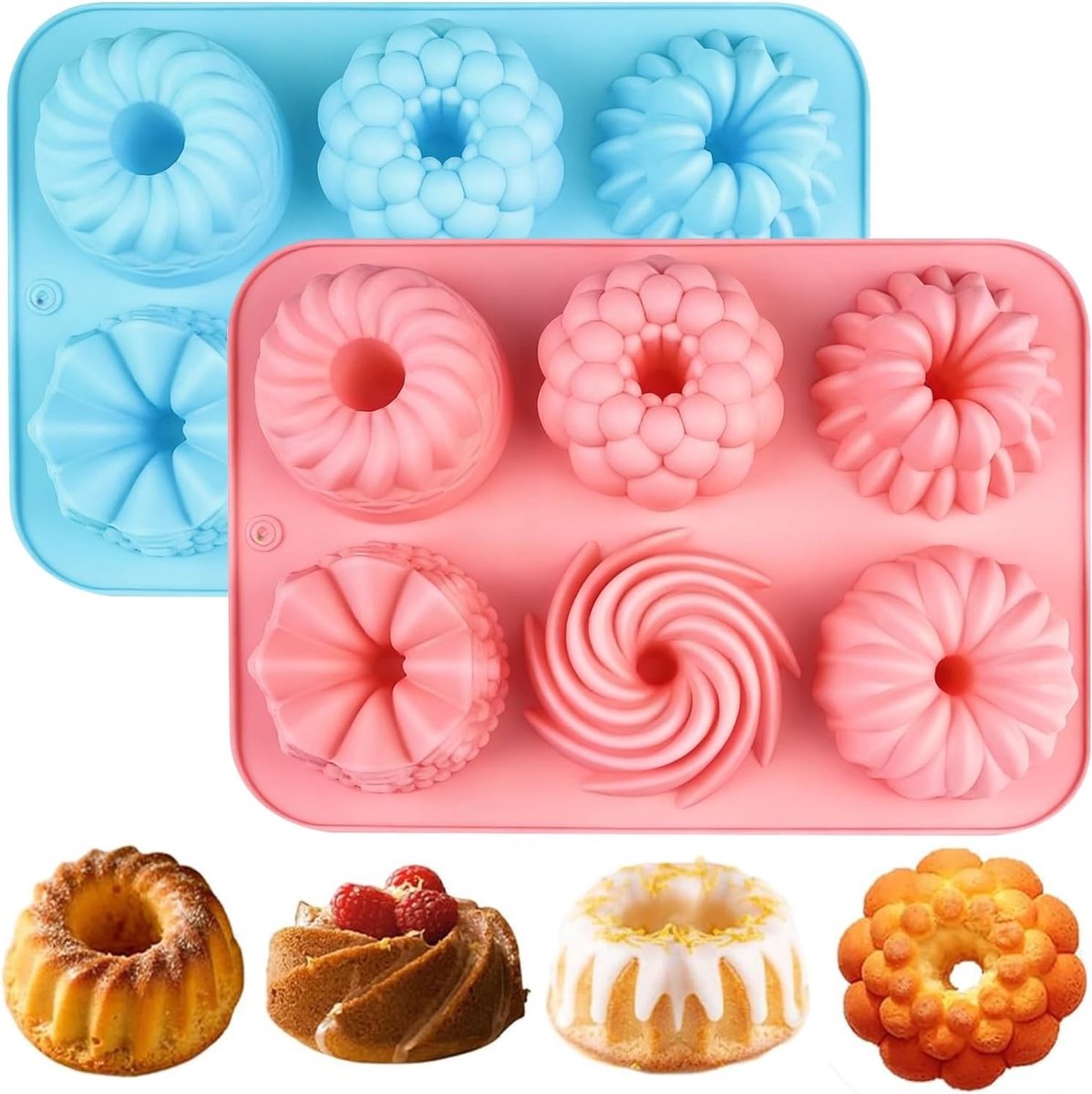 Siliconen Savarin Cakevormen, 2 Stuks met 6 Cavity voor Donuts, Non-Stick Bakvorm voor Muffins en Bagels, Blauw en Roze