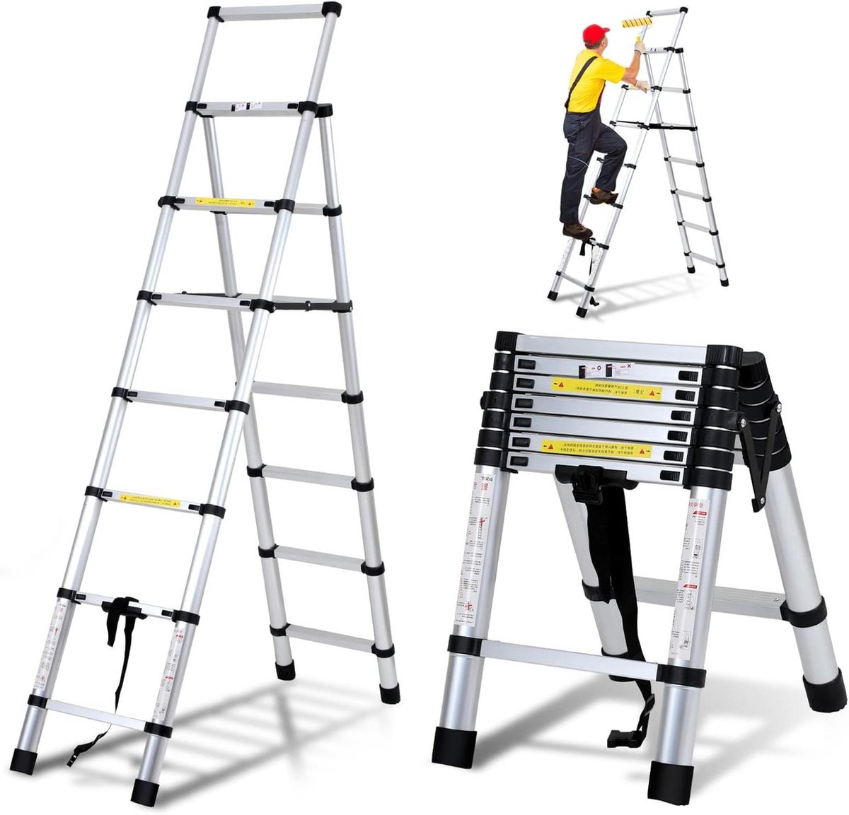 Telescopische Ladder - Vouwladder Aluminium - Veelzijdig Gebruik - Veiligheidsvergrendeling - 2.0m + 2.3m - Zilver