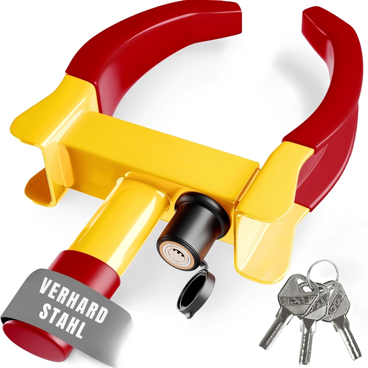 Ploutos® Wielklem - Disselslot - Wielklem Aanhanger - Geel/Rood - 43cm x 25cm x 8cm