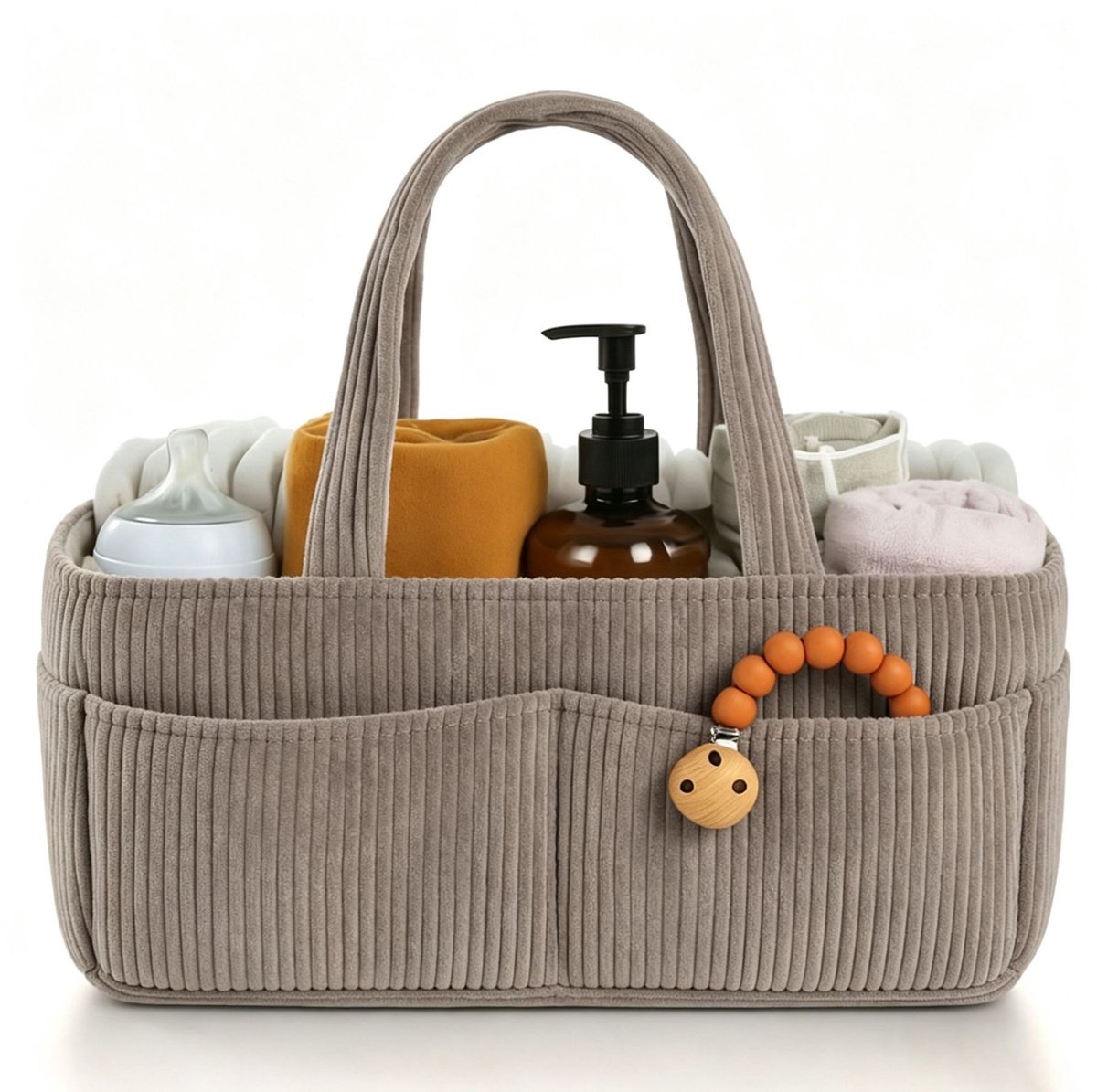 Luiertas - Luiermand - Baby opbergzak - Verzorgingsmand - Reisbaby tas - Meerdere opbergvakken voor overzichtelijke indeling - Corduroy stof - 38×23.5×18 Cm - Geschikt voor babyverzorging, luiers opbergen, babyaccessoires, thuis en onderweg - Bruin