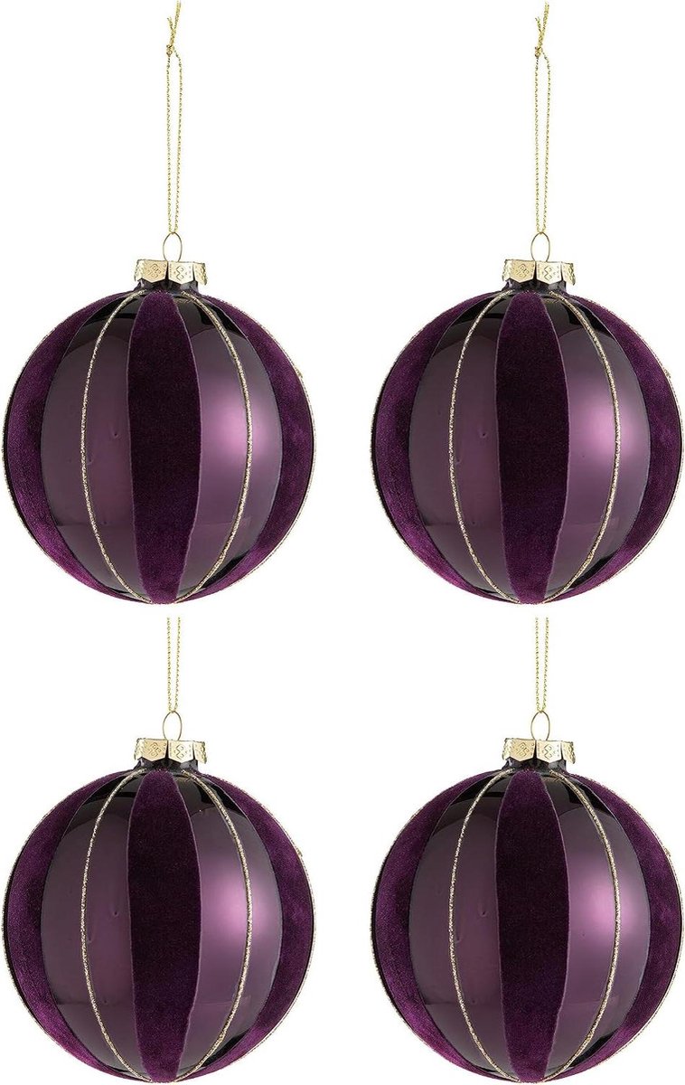 Kerstballen Set - Kerstversiering Ballen - Kerstboom Versieren - Lijnen Fluweel Glas - 4 stuks - Mauve Goud