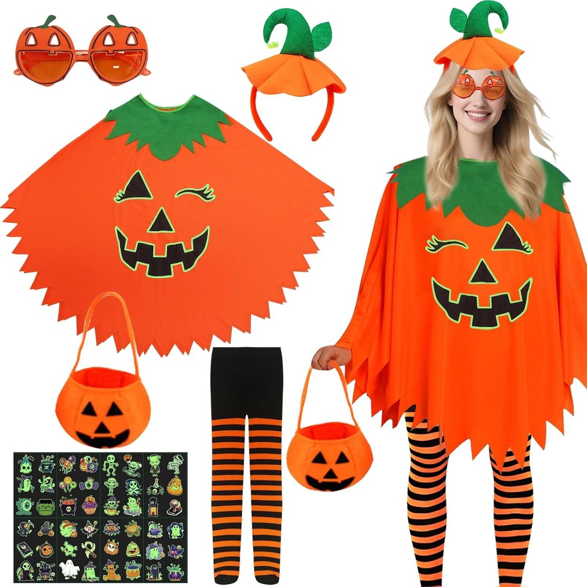 Halloween Kostuum Set met 6 Stukken, Luminous Pompoencape, Verlicht Kostuum voor Feestjes en Themapartijen