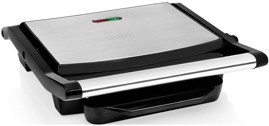 Gesloten Princess grill met RVS deksel en aluminium handvat. Indicatielampjes zichtbaar.