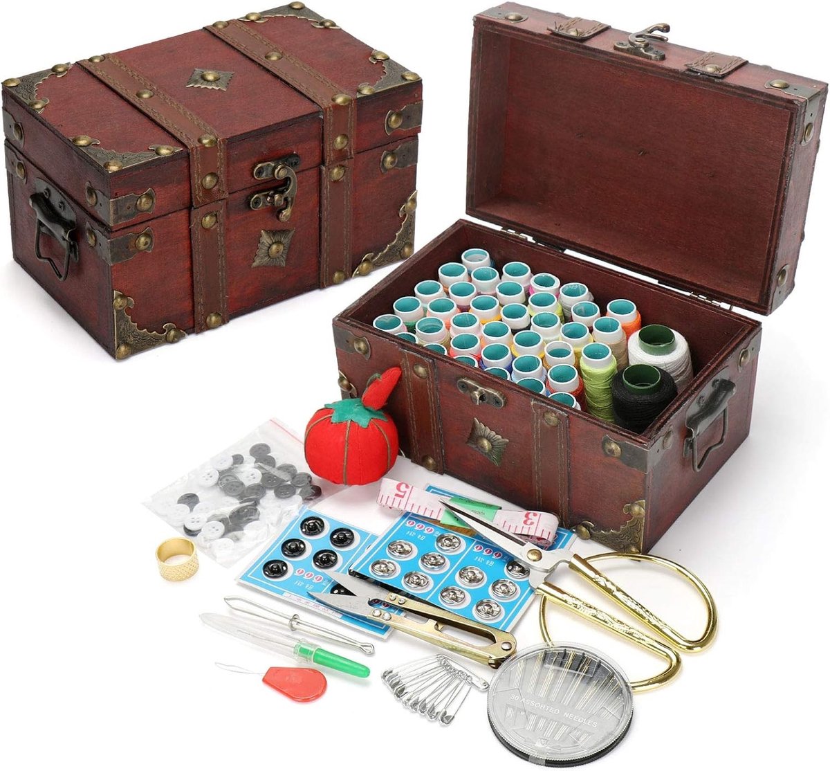 Houten Naaidoos met Meer dan 110 Stuks Premium Naaibenodigdheden en Accessoires voor Volwassenen en Kinderen, Ideaal voor Reizigers en Creatieve Projecten