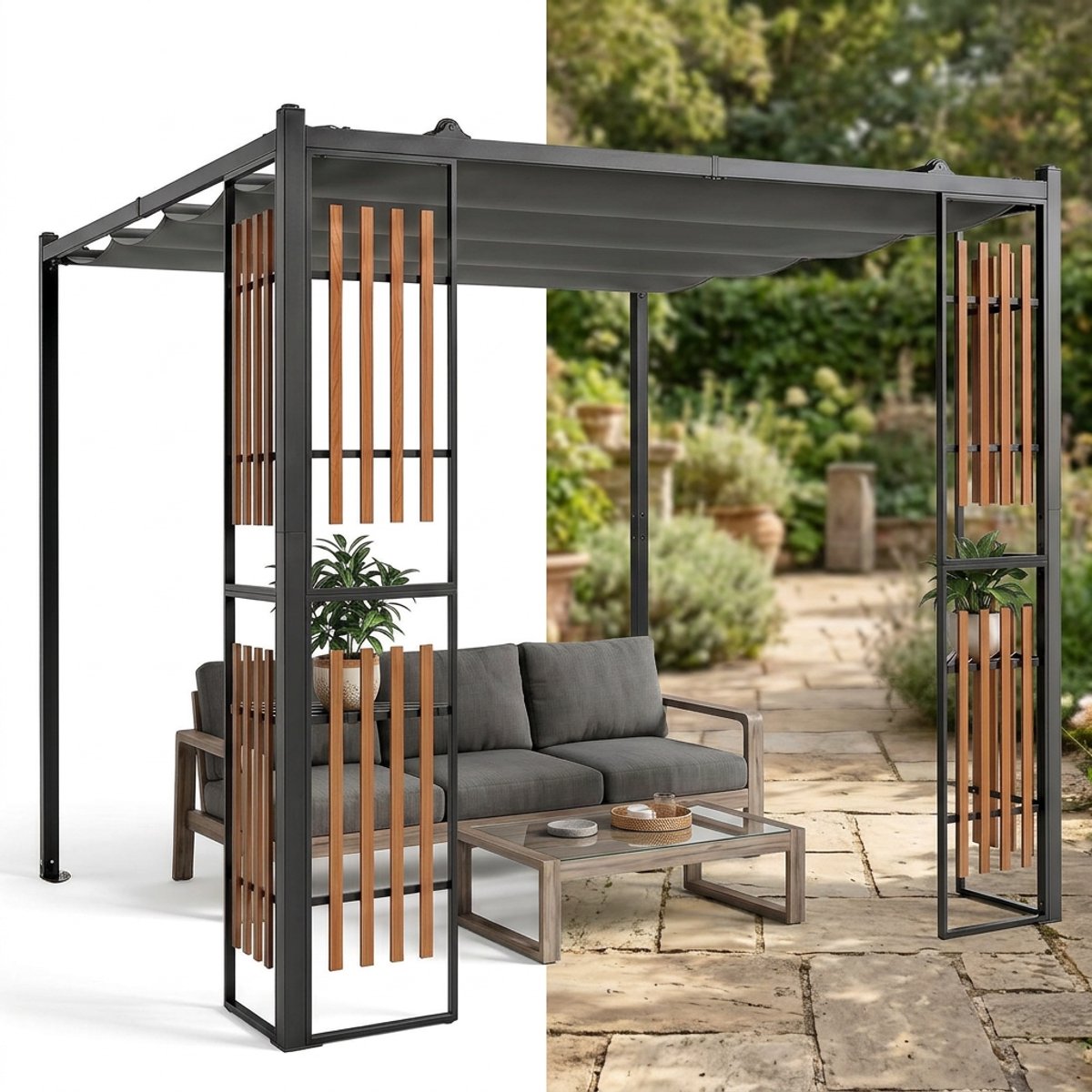 Pergola - Prieel - Paviljoen - Terras - Weerbestendig - Metalen Frame - Met zonwering - Grijs