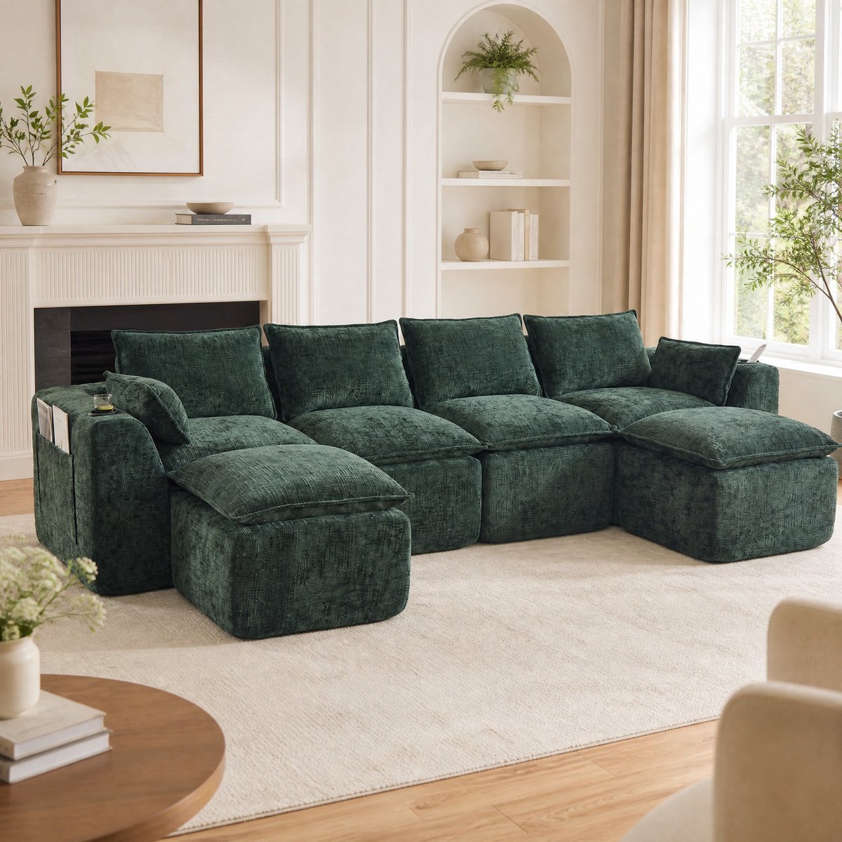 Wishdor Modulaire bank 4-zits met 2 voetbanken - chenille - donkergroen - kussens - bekerhouder - zijvakken - 322 x 161 x 75 cm