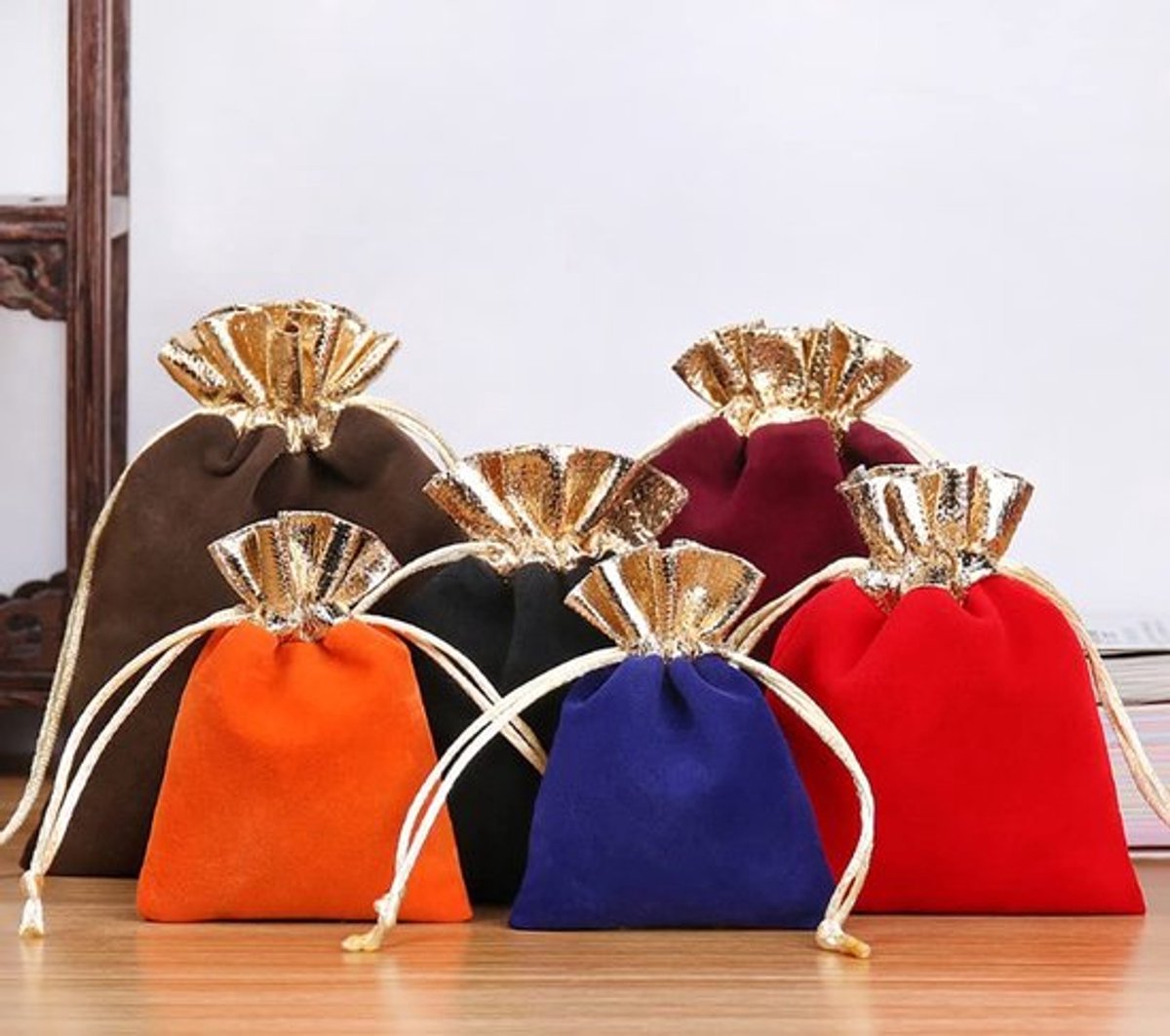 Fluwelen zakjes voor sieraden - Luxe cadeauzakjes - Goud wijnrood - Trekkoord opbergtas - Perfect voor bruiloft en feestdagen