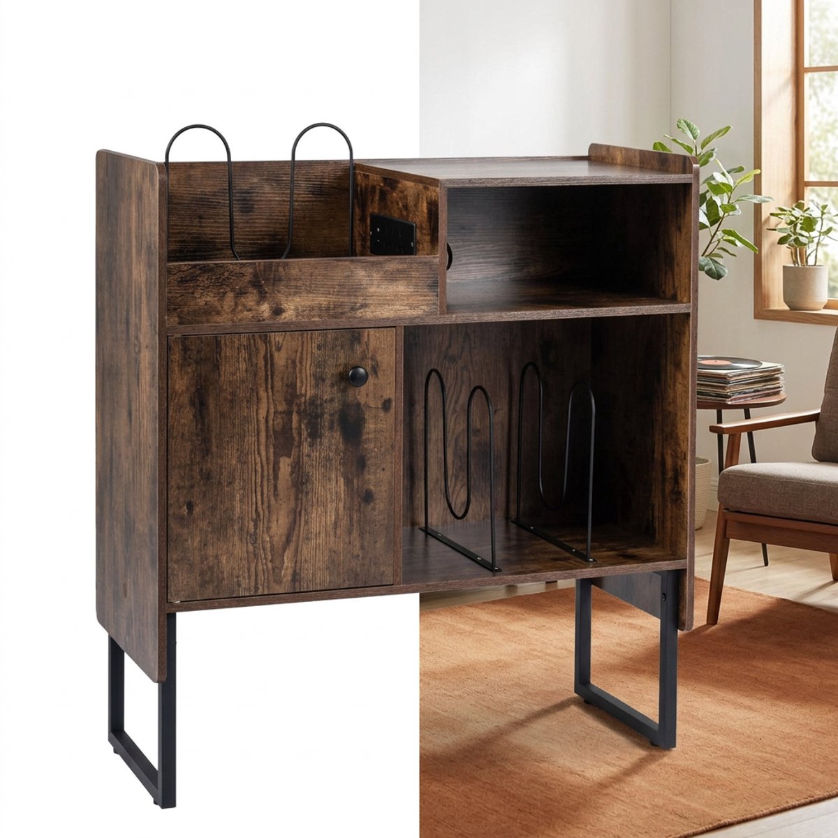 Platenspelermeubel - LP-kast - Platenspelerkast - Draaitafelstandaard - Platenspelerstandaard - Vintage Displayplank - Rustiek Bruin & Zwart