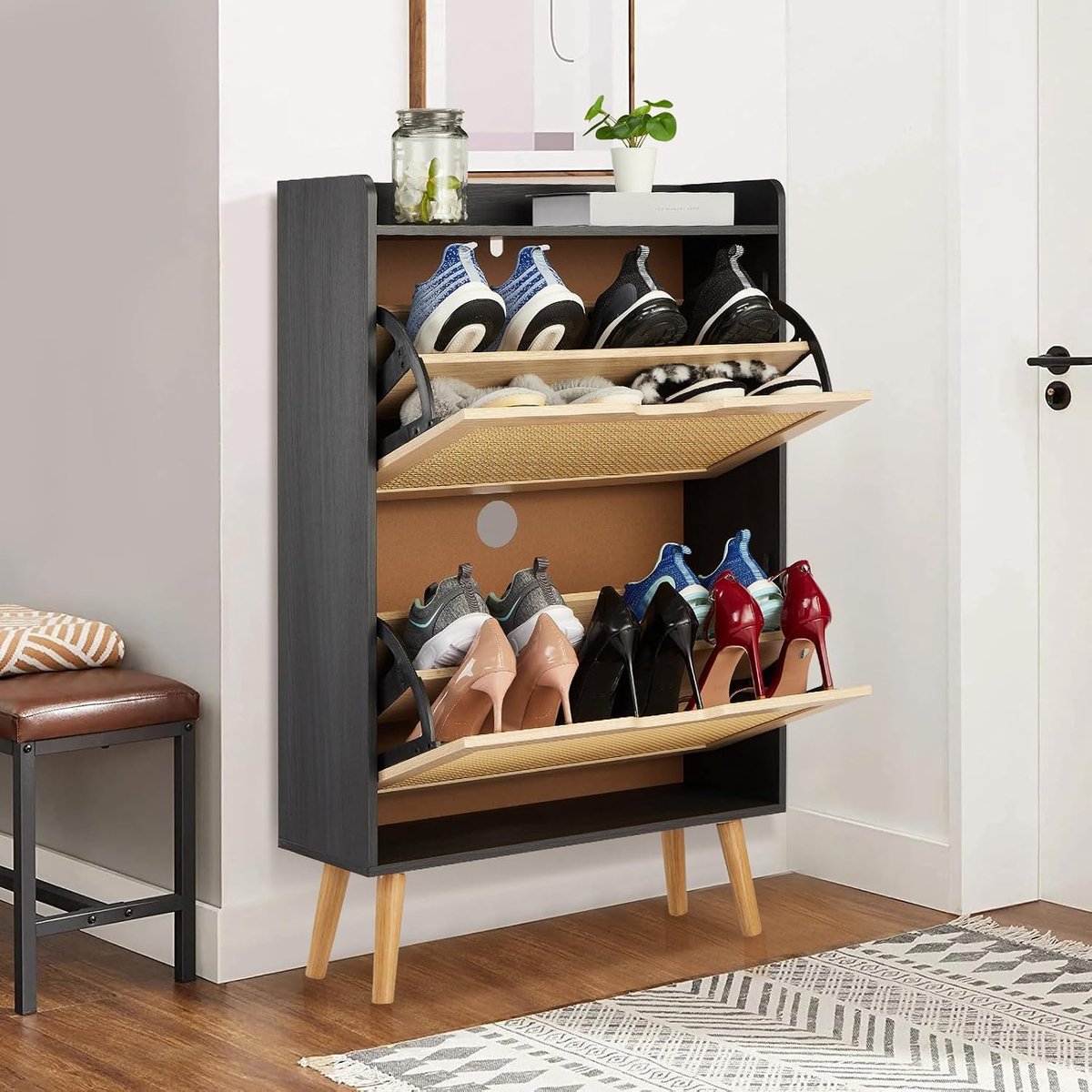 Smalle schoenenkast -2 lades van rotan en MDF – Kanten Bestendig ontwerp – Biedt plaats aan 12 tot 18 paar schoenen – Ideaal voor de hal,gang of woonkamer–Zwart