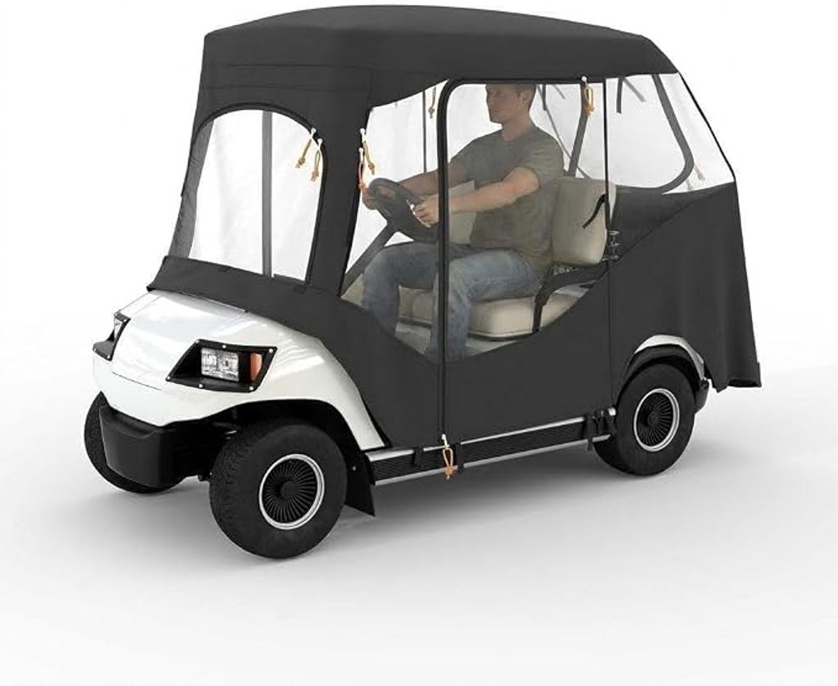 Triumpunpre 2-zits golfwagen afdekking 600D Oxford met PVC vensters (149×123×134cm), waterdichte all-season regenhoes voor EZGO TXT, Club Car DS