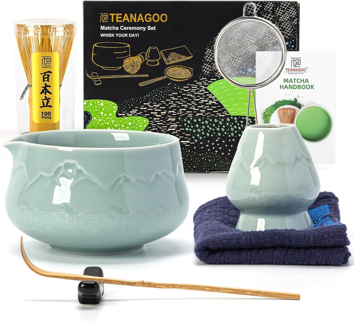 Matcha set - Celadon Blauw - 7-delig - Bamboe en Keramiek - Compleet voor Matcha Theeceremonie