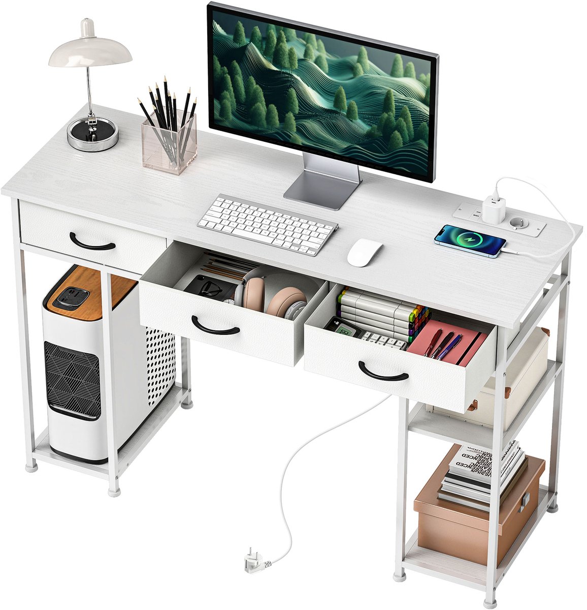 Bureau met opbergruimte en stopcontact – 3 stoffen lades en 4 opbergplanken – 120 x 40 x 76 cm – wit