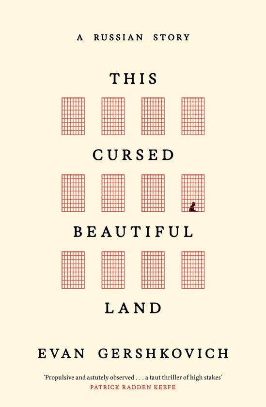 Couverture de livre sur fond crème avec des grilles rouges et une silhouette derrière une fenêtre, intitulée This Cursed Beautiful Land.