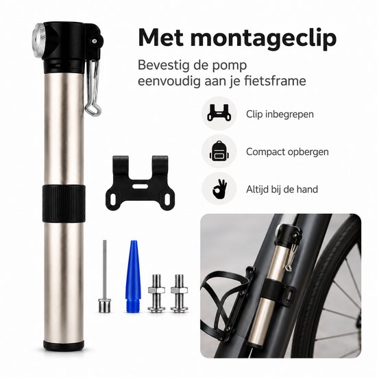Mini Fietspomp Aluminium 120 PSI - Compacte Handpomp met Montageclip - Lichtgewicht Fiets Pomp voor Racefiets MTB en E-bike - Zilver — afbeelding 3