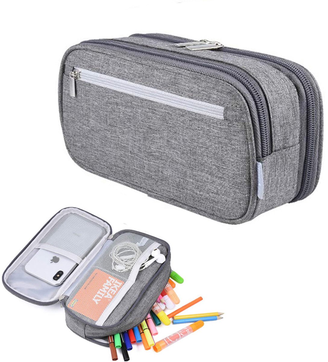Etui met grote capaciteit - Multifunctioneel etui met drie vakken - Opbergtas voor schrijfwaren - Etui - pennendoos - Pennenetui - 21*10*6 cm - Unisex - Geschikt voor studeren, kantoorwerk, reizen, enz. - Grijs