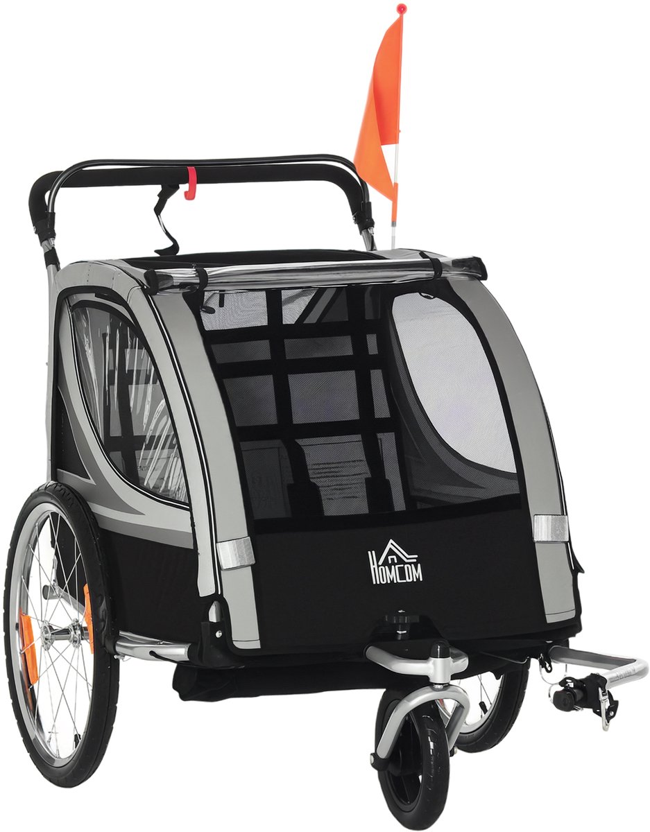 Kinderfietsaanhanger - duwaanhanger - met remmen - opvouwbaar - voor 2 kinderen - grijs/zwart