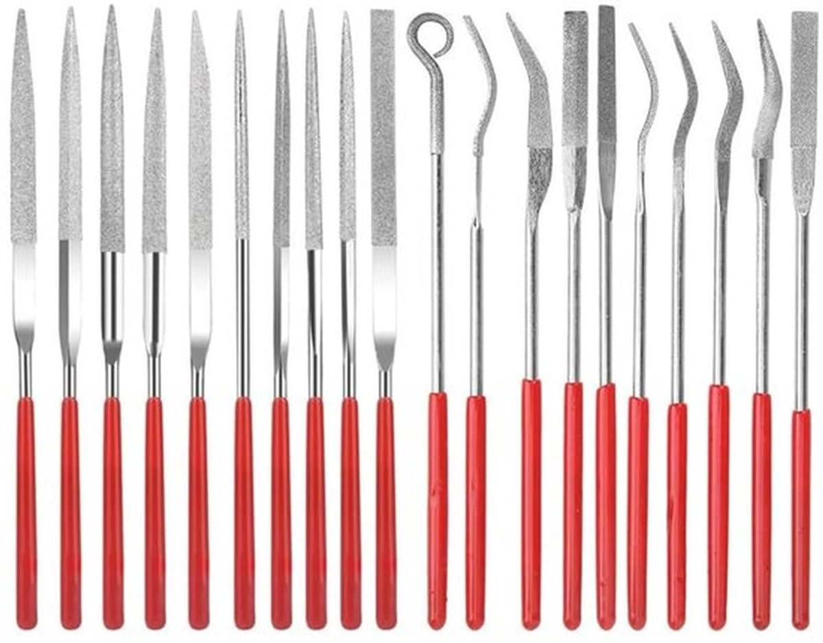 Naaldvijlen set 20 stuks - Mini Diamantvijlen - Rubber greep - Hout/Metaal/Glas/Keramiek - Gereedschap voor modelbouw - Hersluitbare kunststof tas - Vijlset
